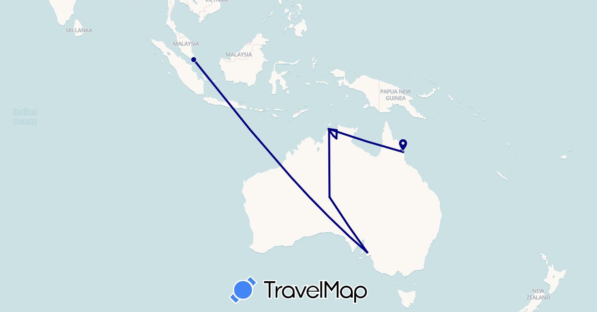 TravelMap itinerary: driving in Australia, Singapore (Asia, Oceania)